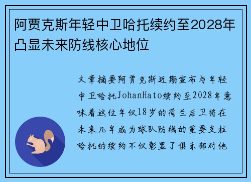 阿贾克斯年轻中卫哈托续约至2028年凸显未来防线核心地位